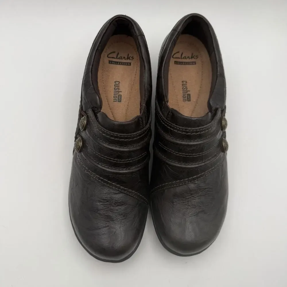 Clarks Mottled Brown Leather Women's Shoes‎ Sz 7 M Rose Button Slip On Comfort